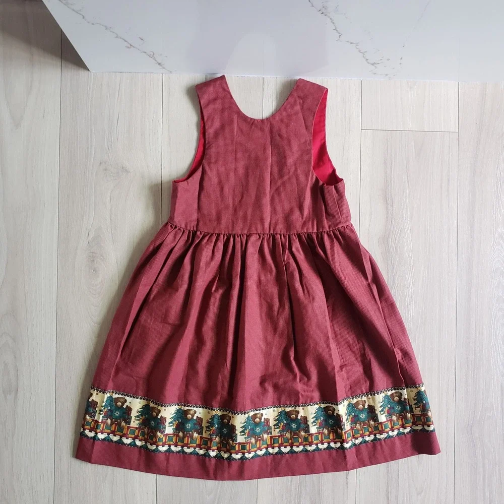 Vintage Holiday Dress Girls 7 Red Christmas Teddy Bear Festive Jumper